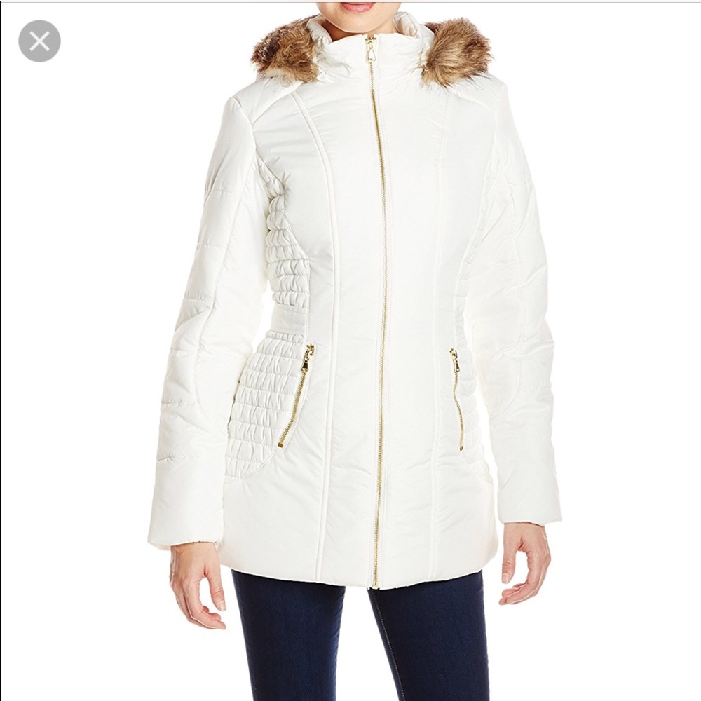 White winter jacket with faux fur hood